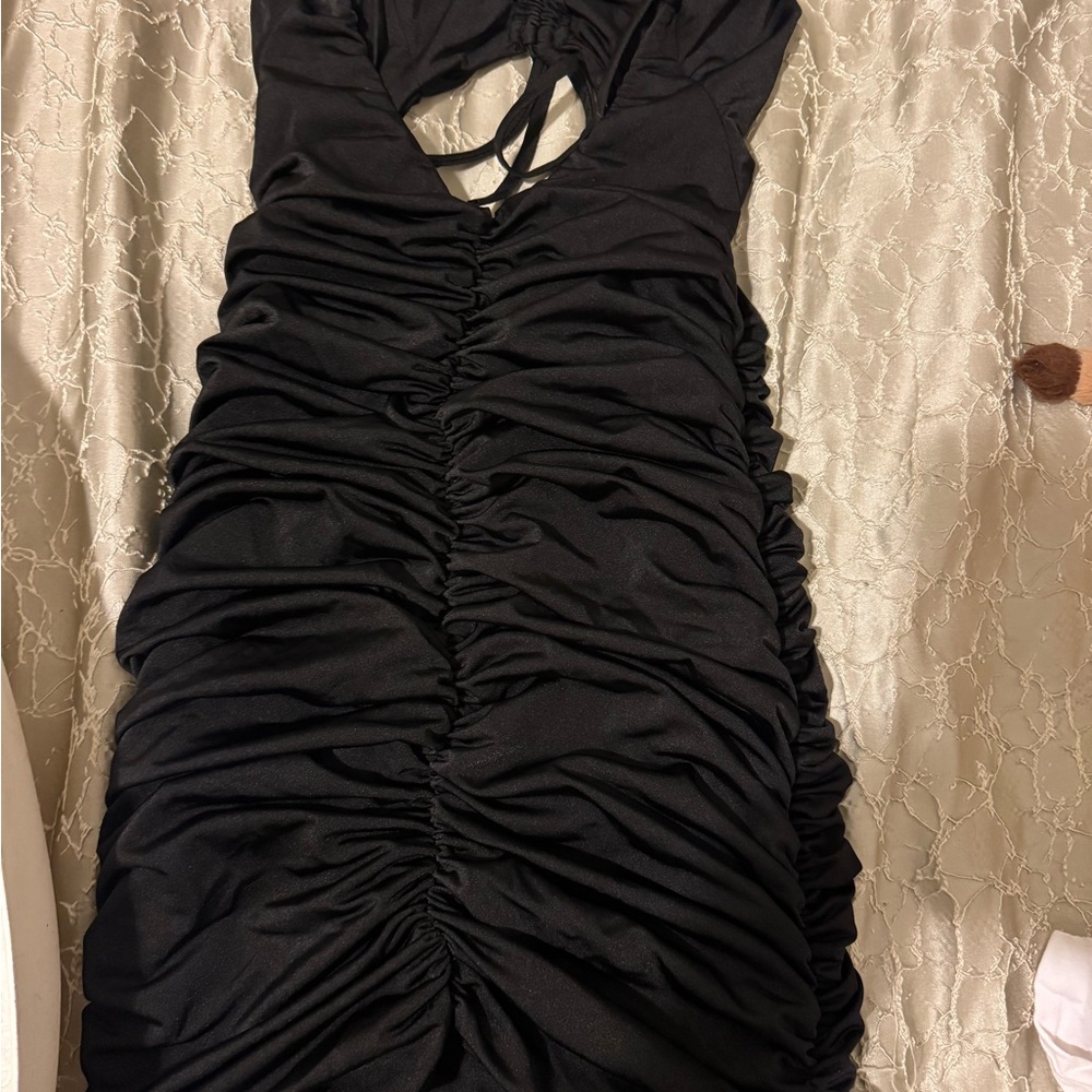 Chic Black Ruched Mini Dress - Picture 5 of 6